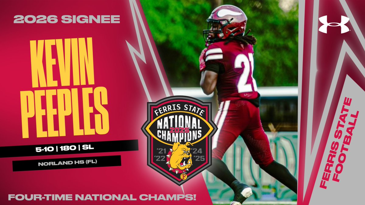 FerrisFootball's tweet photo. FLORIDA ADDITION! Sunshine State slot receiver Kevin Peeples is headed to Michigan from Norland HS! Another awesome signee from a Bulldog pipeline! Congrats! #FSUNSD26 
@Kevinpeeples14 https://t.co/85eFffItMd