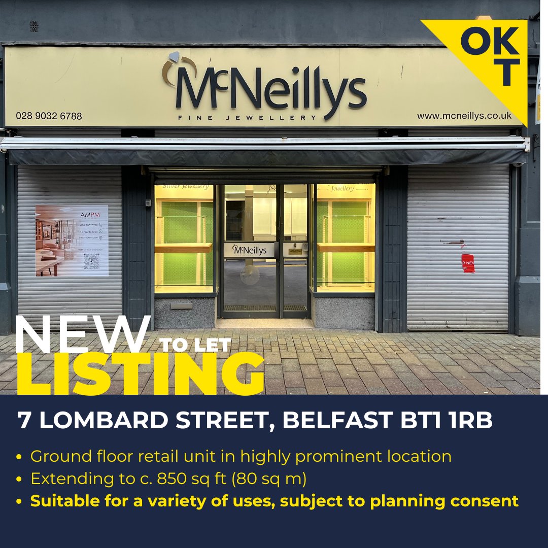Now available to let: 7 Lombard Street, Belfast. High-profile #retail unit offering exceptional visibility in the heart of #Belfast city centre.  Contact us on 02890248181 for further details or to arrange a viewing. #RetailSpace #BelfastRetail
okt.co.uk/properties/7-l…