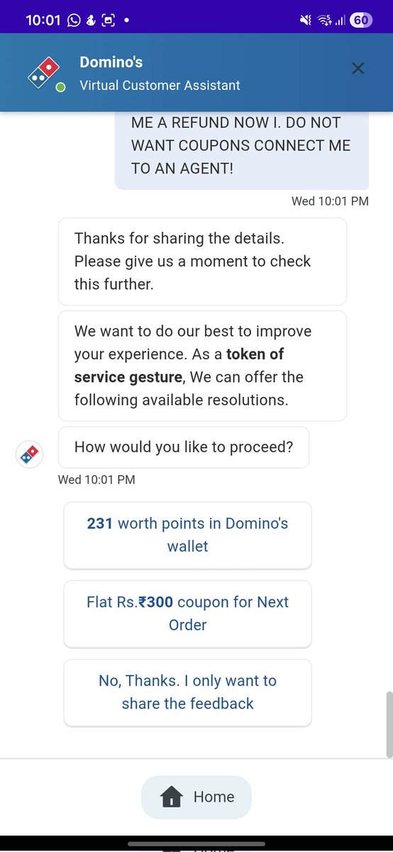 Shreya7929's tweet photo. @dominos_india I do not want a misery coupon this is twice in a row my order has been delivered not eatable the pizza smells so bad the mushrooms are stale the chicken was so bad i had to throw it out i need a refund or im taking this to consumer court, never ordering again! https://t.co/y7ERNiAaCL