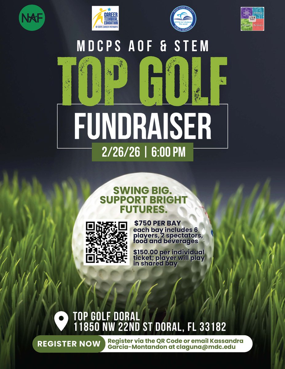 NAFMiami's tweet photo. ⛳️ Join us at our Top Golf Fundraiser supporting the Academy of Finance and STEM programs at MLEC! Every swing helps create hands‑on learning and real‑world opportunities for our students.

📅 02/26
📍 Top Golf Doral
https://t.co/DbGZYH780d https://t.co/l5FzSeUsaF