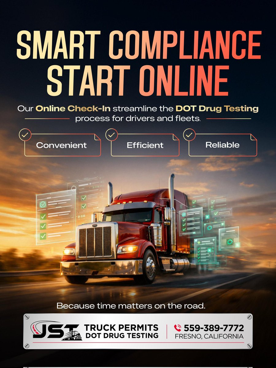 JstTruck's tweet image. 🚛 Smart compliance starts before you hit the road.
With JST’s Online Check-In for DOT Drug Testing, drivers and fleets save time, skip paperwork delays, and stay compliant without slowing down.

#SmartCompliance #DOTDrugTesting
#OnlineCheckIn #TruckingMadeEasy
#FleetCompliance
