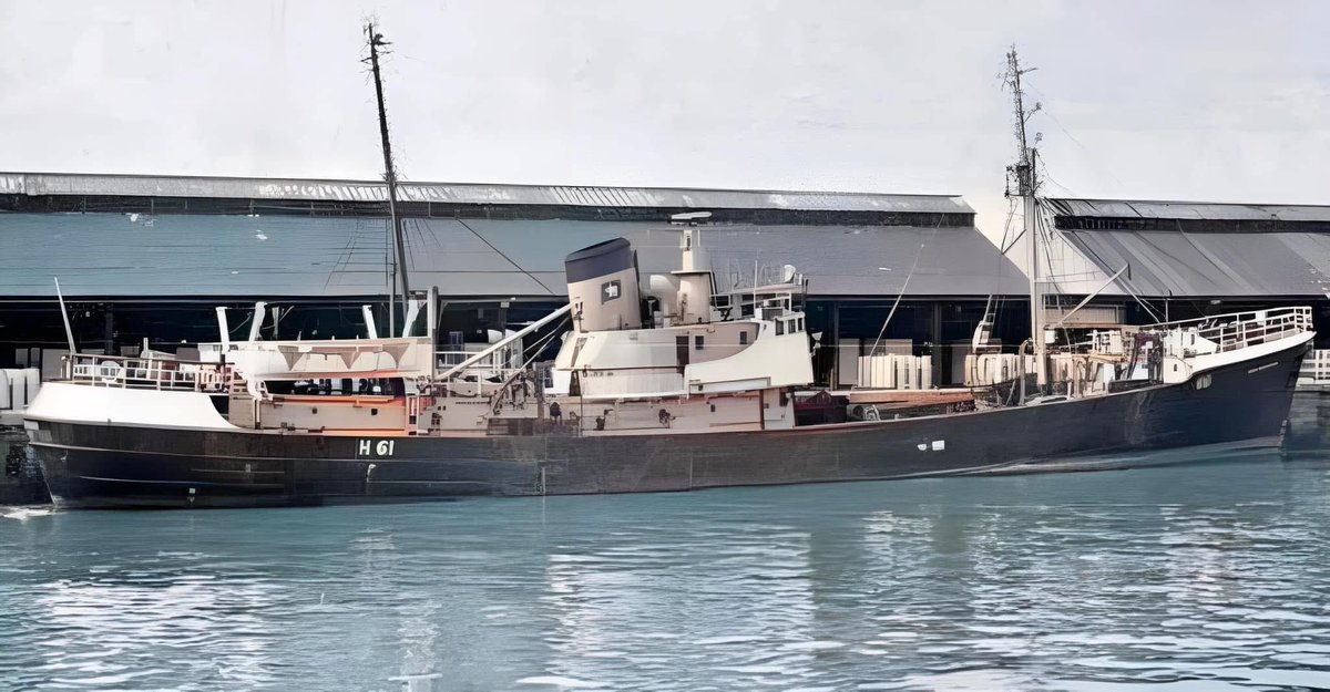 headscarfpride's tweet photo. The Ross Cleveland sailed from #Hull on 20 January 1968 under the command of skipper Phil Gay. 58 years ago tonight she was fishing off Isafjordur, Iceland during the worst storm in living memory and was tragically lost. 18 men died and one survived. #TripleTrawlerDisaster https://t.co/Js91aiP6TB