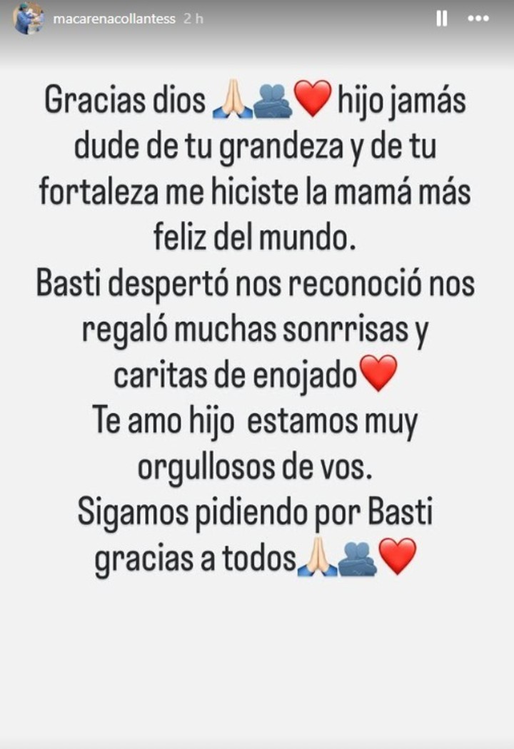 clarincom's tweet image. BASTIÁN DESPERTÓ DEL COMA

Macarena Collantes, madre de Bastián Jeréz (8), confirmó en redes sociales que el niño despertó del coma y reconoció a su familia, tras el accidente en los médanos de Pinamar ocurrido el 12 de enero. “Jamás dudé de tu grandeza y de tu fortaleza”,…