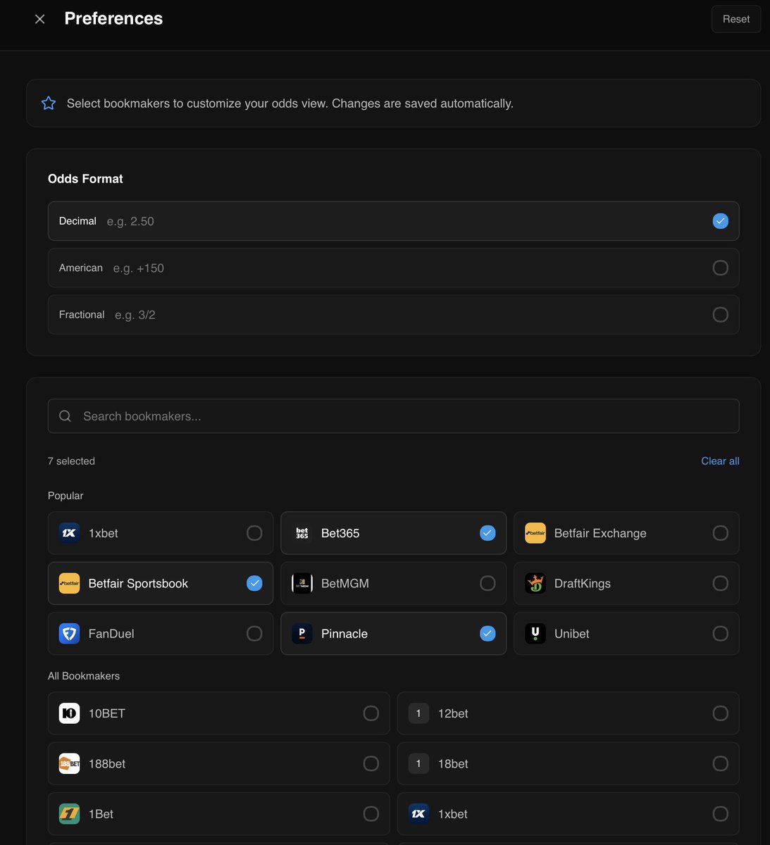 OddsNotifierHUB's tweet image. Did you know? 💭

You can setup your favourite bookmakers so you ONLY see comparison between the ones you want

Here is how ⬇️ 

1️⃣ - Create a free account 

2️⃣ - Click your name (we’re making this more obvious) 

3️⃣ - Set your preferences, from bookmakers to odds format

Done ✅