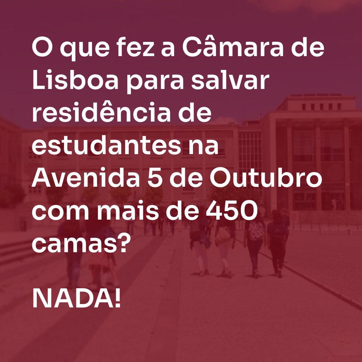 Em Lisboa, 1 em cada 4 estudantes já pensou desistir do curso por não conseguir pagar casa. E Carlos Moedas? Nada fez para garantir a residência da Av. 5 de Outubro, com mais de 450 camas públicas. Menos alojamento, mais exclusão, menos futuro para a nossa cidade.