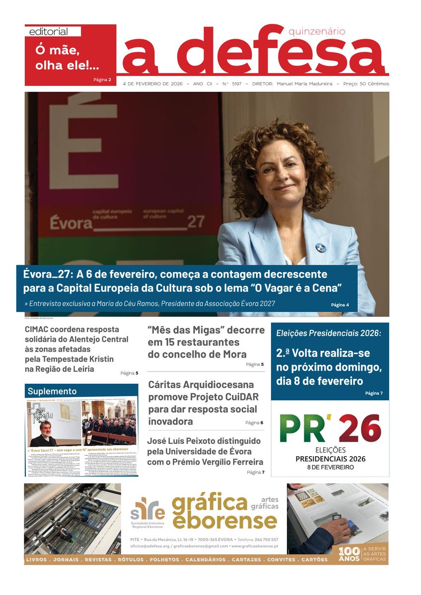 a_defesa's tweet photo. 📰Capas das edições impressas de 4 de Fevereiro de 2026 do jornal "a defesa" e do suplemento "Ser Igreja Évora".
🔗Pode assinar o jornal a defesa na sua edição em papel e em digital no site https://t.co/0m8xmpnD3V https://t.co/c0TT3ETjg1