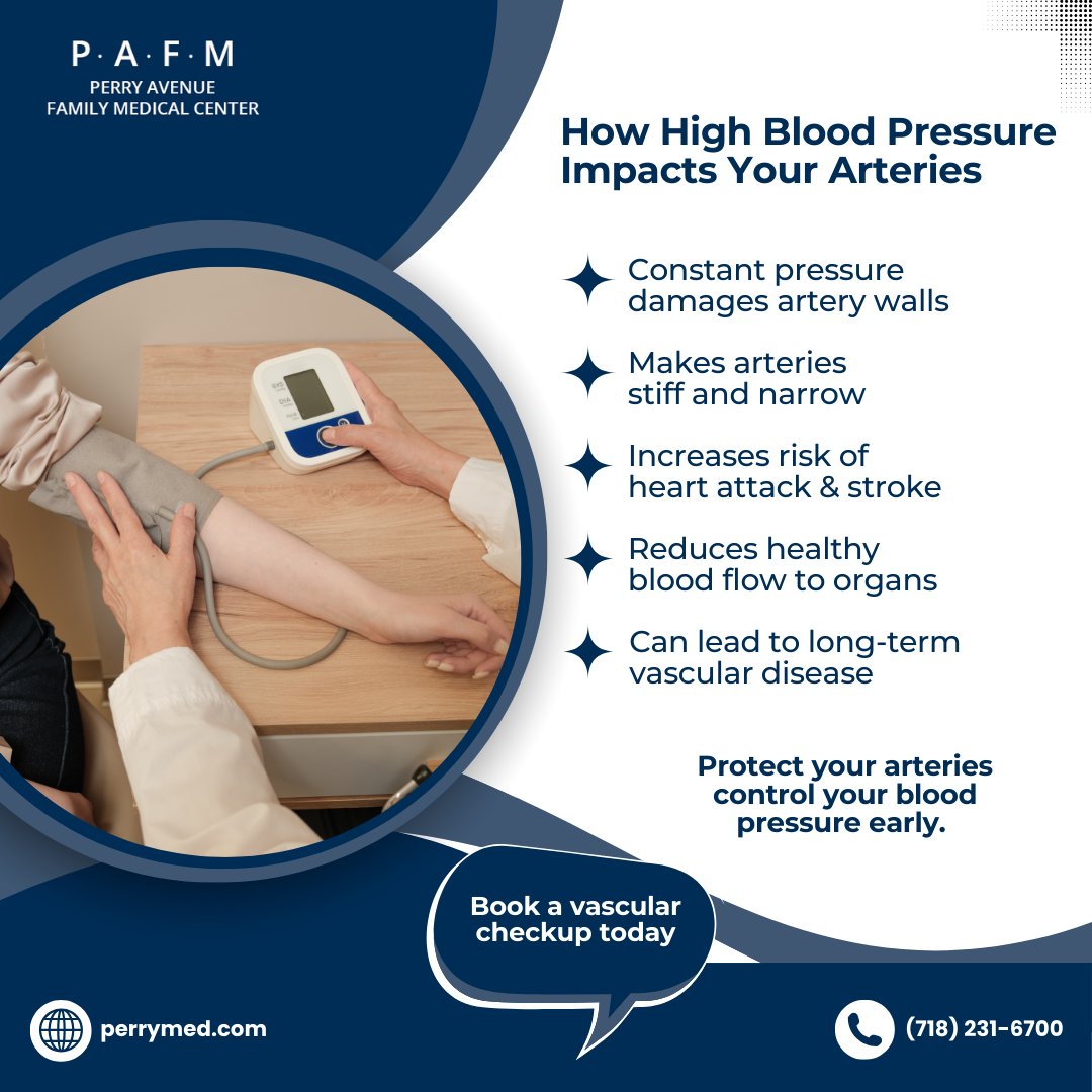 PerryMed18's tweet image. High blood pressure silently damages your arteries over time making them stiff, narrow, and increasing heart attack and stroke risk. 

Book a vascular checkup today: perrymed.com/services/vascu…

#HighBloodPressure #HeartHealth #VascularHealth #PreventiveCare #PerryMed