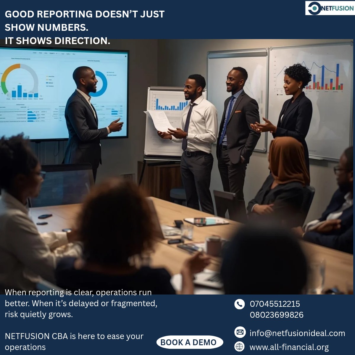 netfusionltd's tweet photo. Bad reporting doesn’t fail loudly.
It fails quietly, through delays, blind spots, and late decisions.

Strong core banking reporting gives banks:
• Visibility
• Control
• Confidence

Good operations start with good insight.
#CoreBanking #Netfusion #FintechAfrica #ronkenolly https://t.co/HfNtpXVquP