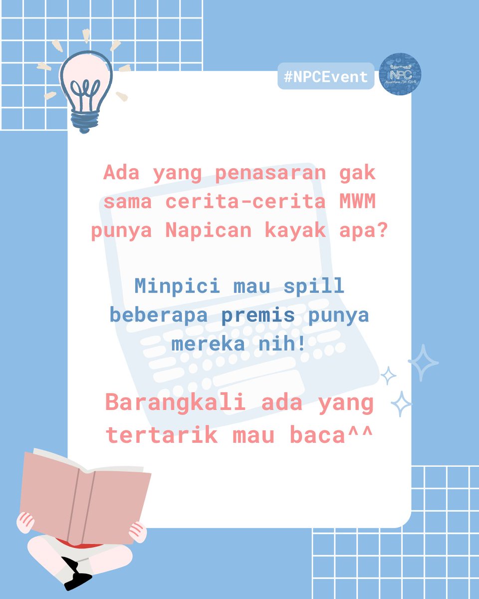 wattpad_npc2301's tweet photo. Namanya bikin cerita, sudah pasti kita harus susun premis dulu. Betul apa betul?
Apalagi kalau mau bikin cerita buat MWM yang butuh jumkat banyak. Napici juga pada bikin, nih! Minpici share beberapa sebagai contoh kalau Napican juga mau buat^^
#NPC2301 #MWMNPC2026 #eventmenulis https://t.co/MrZsKa3ZSy