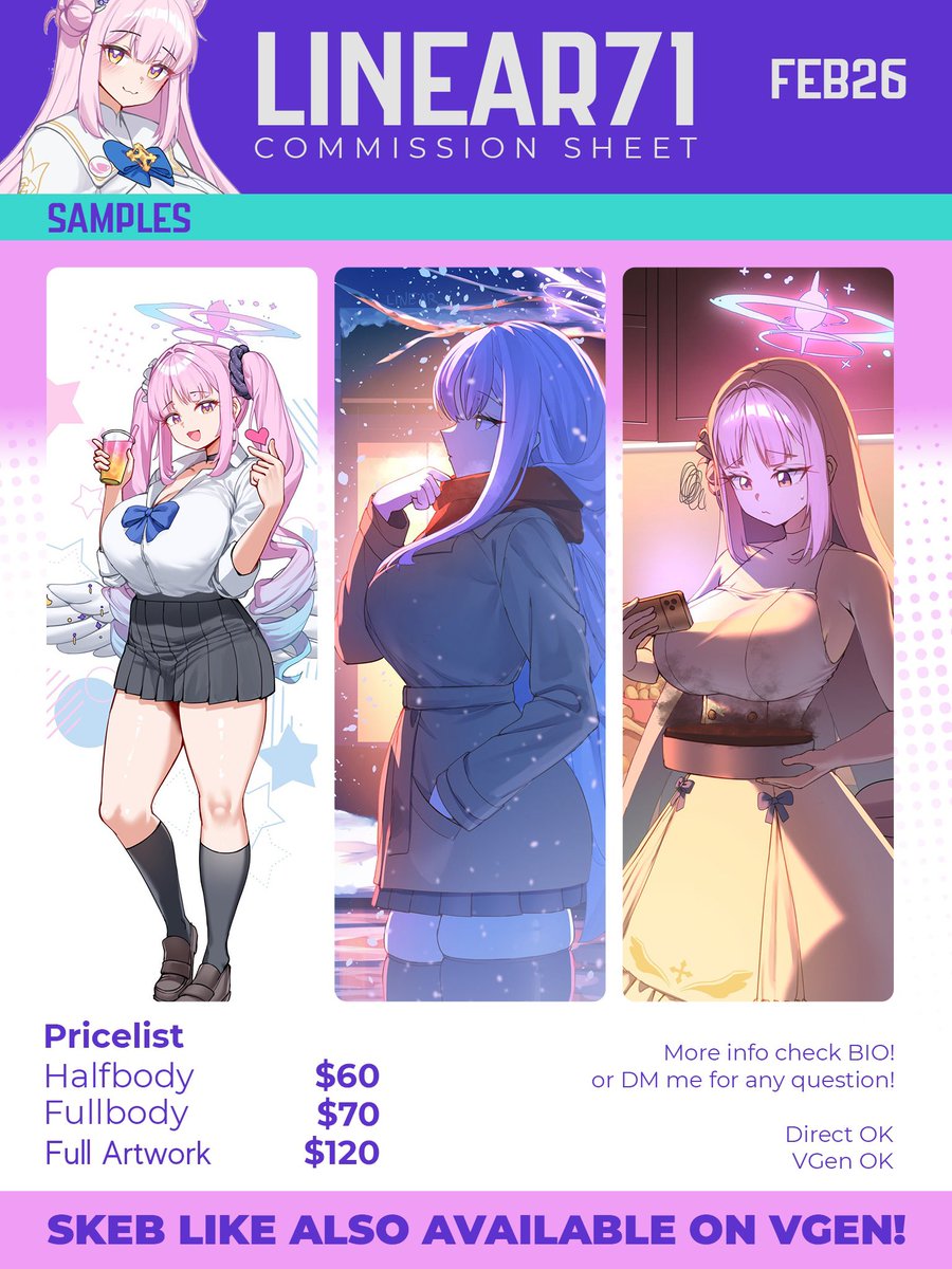 Retweets are very appreciated ✨    

Sorry for the last sheet being unreadable 😭
Here's a newly updated one!

Slots are open for February!

As always, you can inquire more info at my DM!
 #Commission #commisionsopen #ArtistOnTwitter #VGen