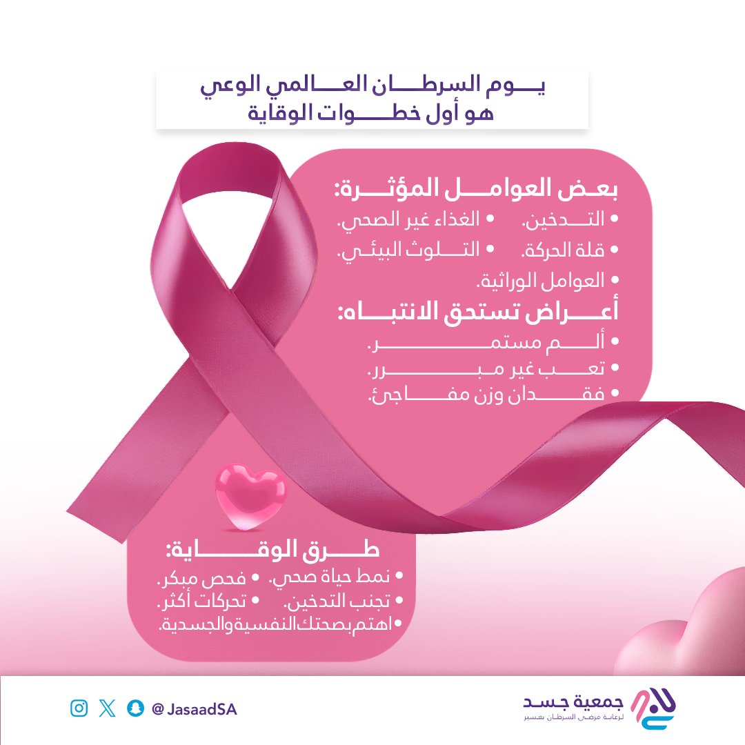 بيئتك، عاداتك، وصحتك…
كلها عوامل تصنع الفرق.
الوقاية تبدأ بخطوة وعي. 💜

#اليوم_العالمي_للسرطان
#جمعية_جسد