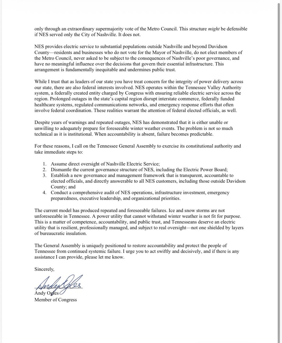 NEW: <a href="/RepOgles/">Rep. Andy Ogles</a> team tells <a href="/FOXNashville/">FoxNashville</a> he wants State oversight into NES, new leadership

10,000+ households still without power in Nashville well over a week after the ice storm