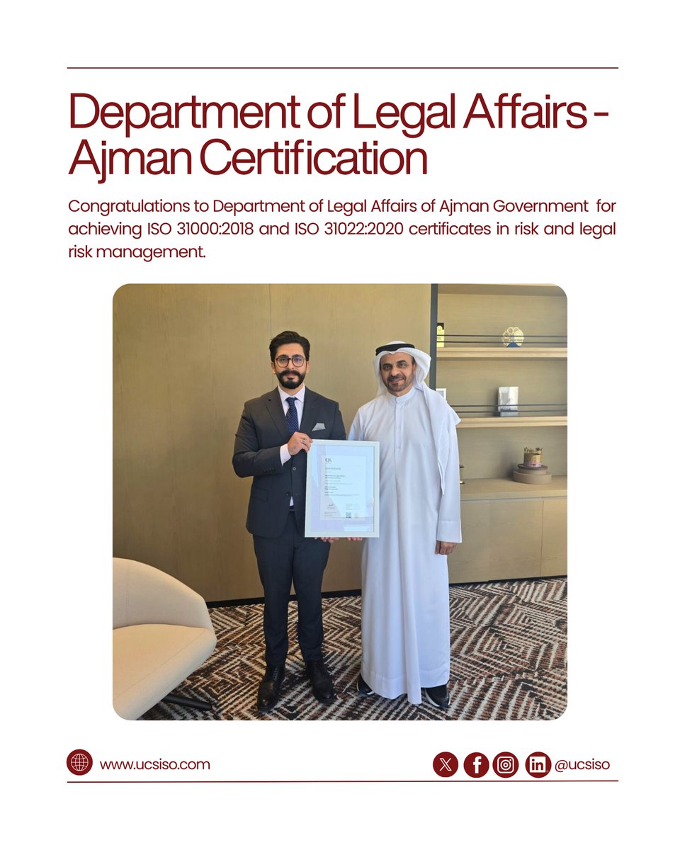 ucsiso's tweet photo. Post Caption: 
Congratulations to the Department of Legal Affairs of Ajman Government on achieving ISO 31000:2018 and ISO 31022:2020 certifications in risk and legal risk management.

 #ISO31000 #ISO31022 #Legalaffairs  #BusinessSuccess #UCS #ISOCertification  #UCSAustralia https://t.co/TnIPujtr6z