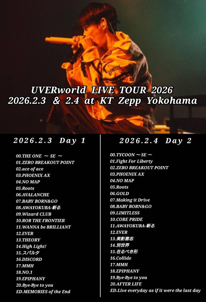 横浜公演 セトリまとめ】 UVERworld LIVE TOUR 2026 at KT Zepp