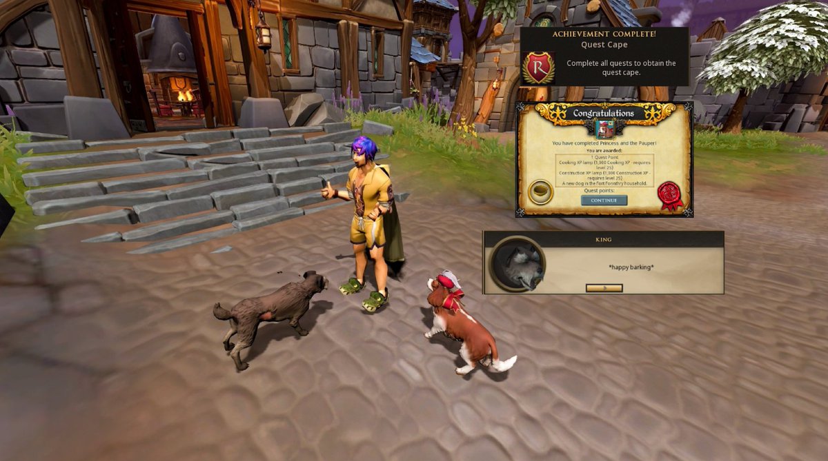 Quest cape reobtained! I managed to hold on to it for about 9 hours😂 

Honestly a great new #Runescape quest. 20 years of only being able to shoo him away, we can finally give the goodest boy a home.

I chose to name him King. Because he is one🐕🫡