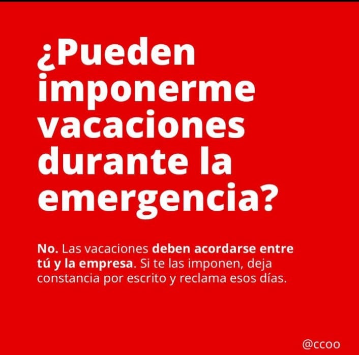 📢CCOO TE INFORMA
Si tienes que ir a trabajar Nuestros Derechos te protegen‼️
🔴Por Seguridad y Empleo
Recuerda contactar con tu Delegados y Delegadas CCOO te puede asesorar‼️