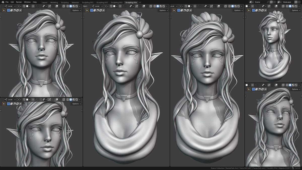 YanSculpts's tweet photo. Sculpted Elf girl in Blender. She is now on my new YT channel! 

You can watch the full time-lapse of her sculpt there! My new channel is in my BIO, or look up YanSculpts Two on YT 💖. 

#digitalsculpting #blender3d #b3d #3dmodeling #sculpting https://t.co/v8TnuPbTcj