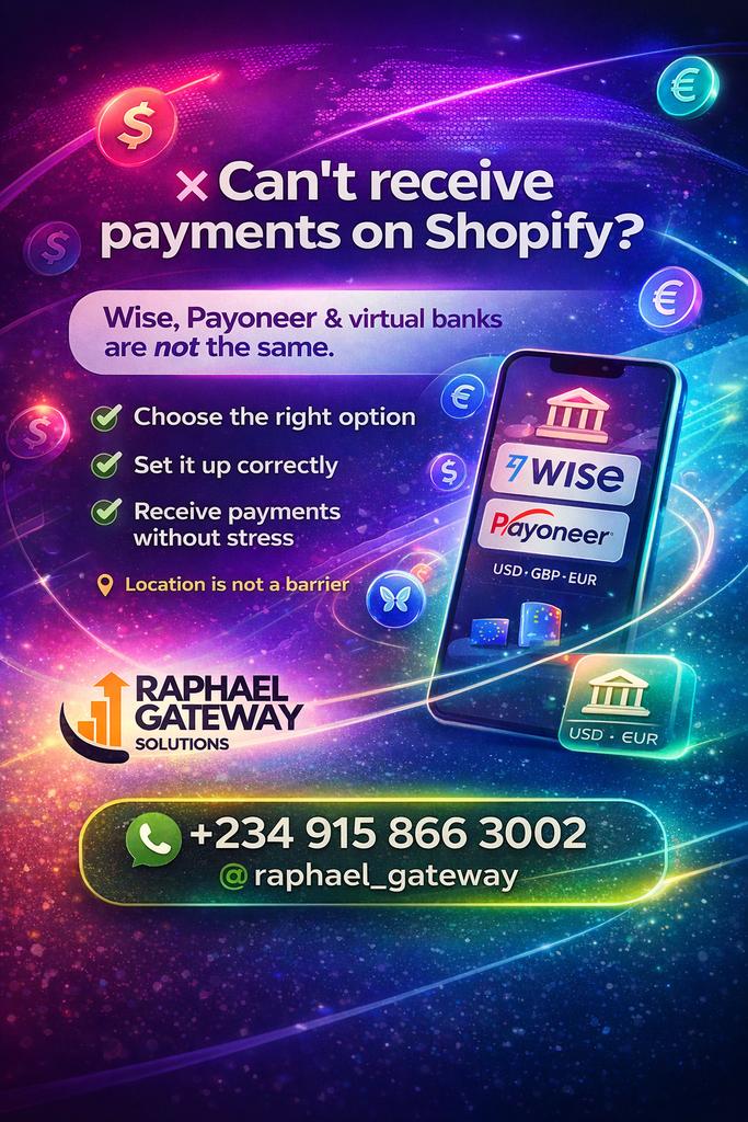 raphael_olumide's tweet photo. ❌ Can’t receive payments on Shopify?
Wise, Payoneer &amp; virtual banks are not the same.
One wrong setup can delay or block your funds. https://t.co/K8zUw8OLed