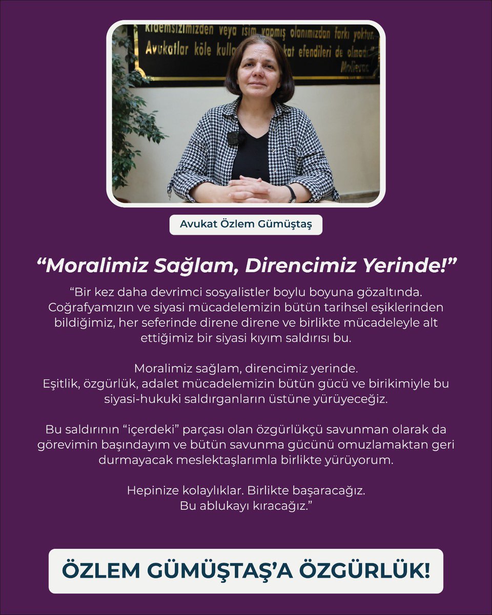 Emekçimiz Av. Özlem Gümüştaş’ın mesajını paylaşıyoruz.

Meslektaşlarımızı ve halkımızı dayanışmaya çağırıyoruz.