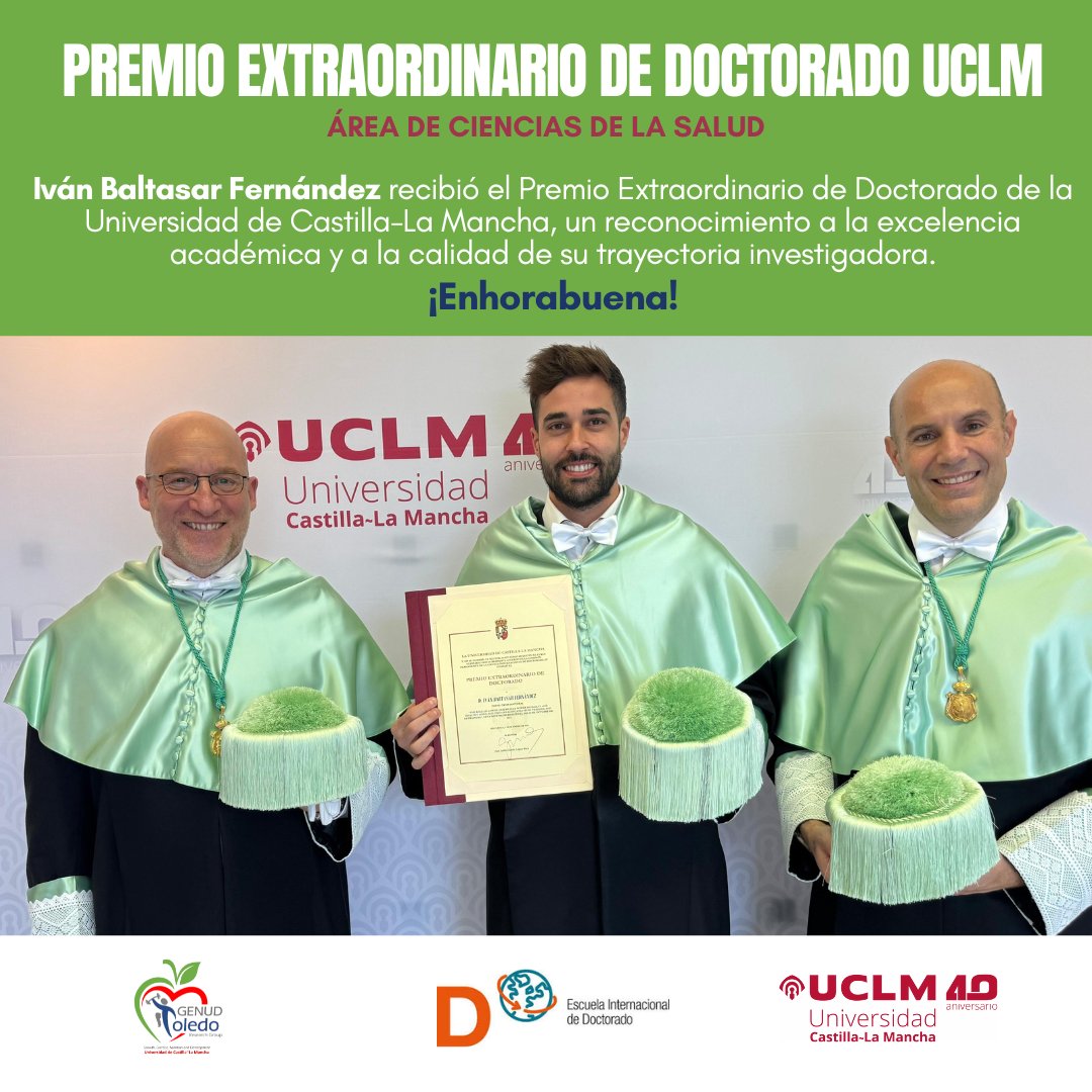 GenudT's tweet photo. 🎓Premio Extraordinario de Doctorado–UCLM

Iván Baltasar Fernández (@ivanbaltasar) recibió el Premio Extraordinario de Doctorado de la Universidad de Castilla-La Mancha en el área de Ciencias de la Salud, un reconocimiento a la excelencia académica y trayectoria investigadora🧑‍🔬. https://t.co/K0MalcjWzD
