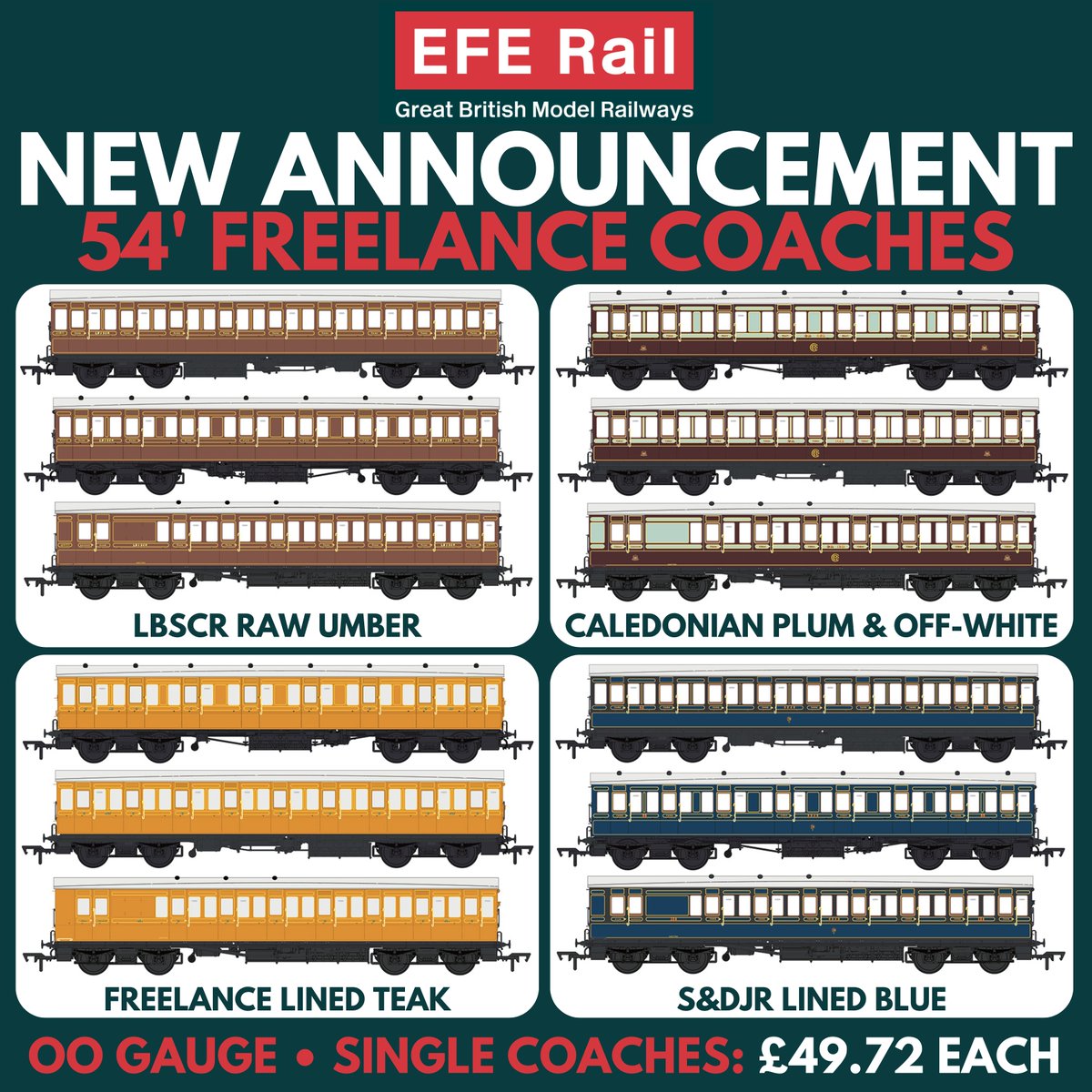 railssheffield's tweet photo. 🚞 Another new announcement from Bachmann today is this new range of 54' Bogie Coaches from EFE Rail in OO Gauge - available in four different liveries including lined teak, LBSCR, Caledonian and S&amp;DJR conditions. Pre-order now for £49.72 each: https://t.co/Gc0FBb7jr1 https://t.co/6vm5QjrEgh