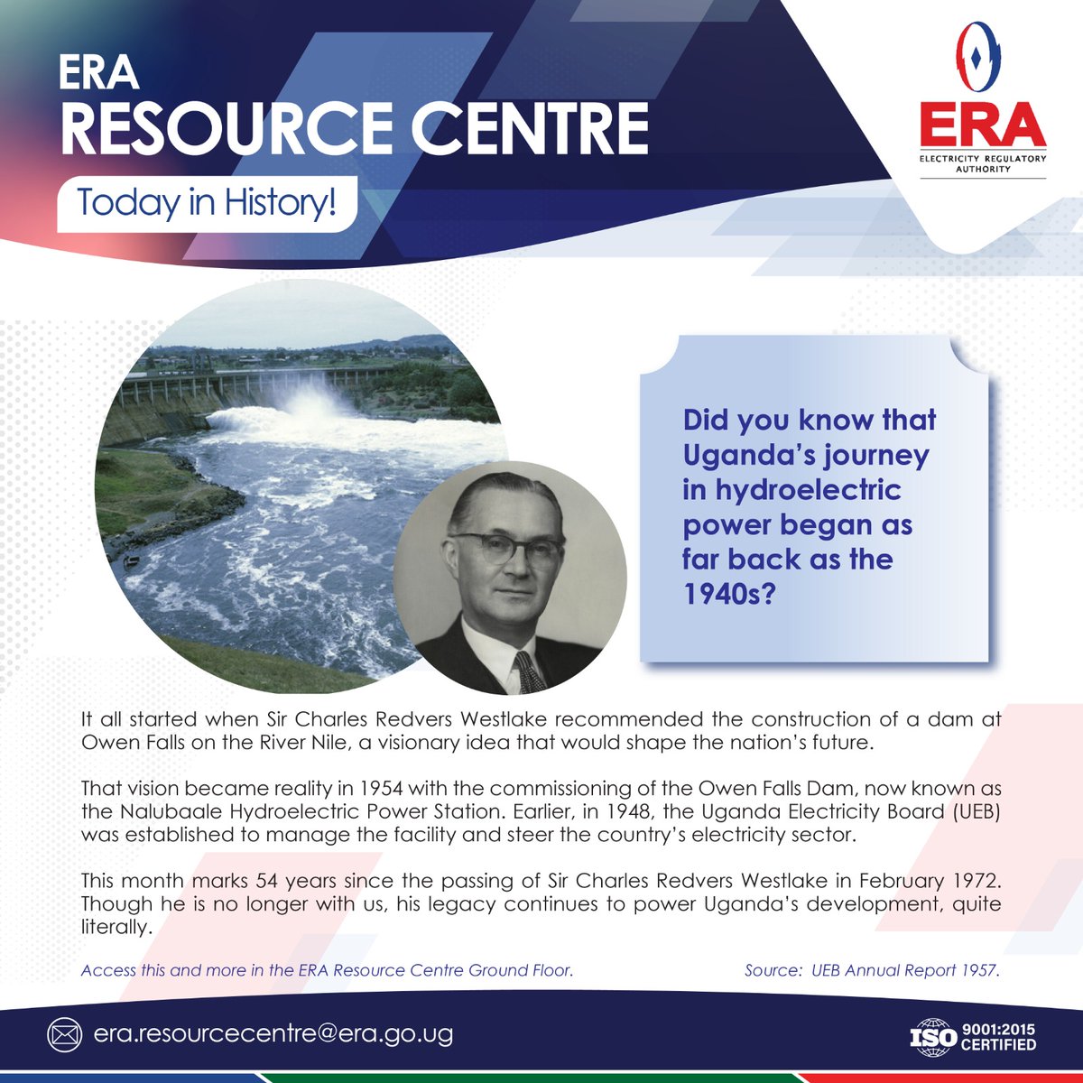 #TodayInHistory
Did you know that Uganda's journey in hydroelectric power began as far back as the 1940s?

Access more of this information at the ERA Resource Centre, Ground Floor, ERA House, 3rd Street, Lugogo Industrial Area.

NB: Access to these resources is free.