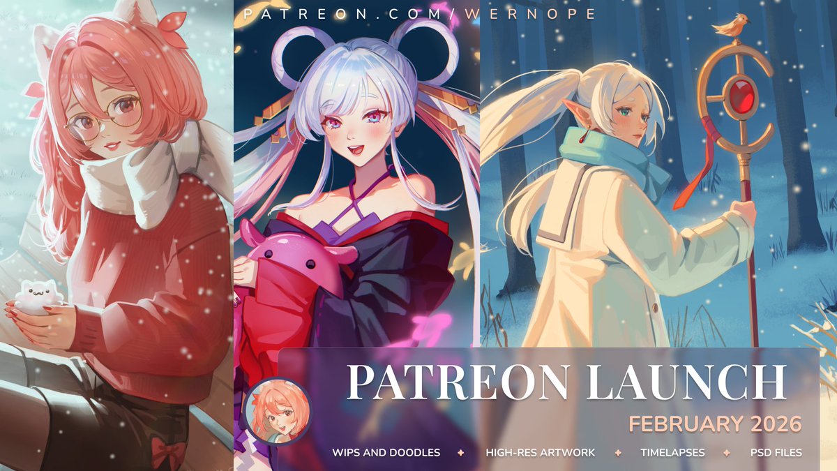 wernope_'s tweet photo. HiI! I'm opening Patreon to support my original and fan work! It would mean a lot to me if you gave it a peek~🩷 (link in bio)
First rewards will be available later today! https://t.co/HOMmX8AbeR