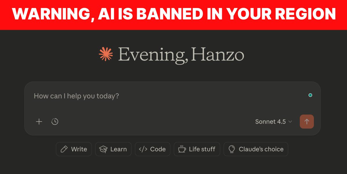 DeFi_Hanzo's tweet photo. What happens if AI gets banned?

There's this junior dev I know. 

Learned to code entirely with Claude. Not cheating - actually learned. 

Can architect systems, understands logic, ships real products. 

But ask him to write a sorting algorithm from scratch? He'd struggle. The muscle memory isn't there.

Now imagine AI gets restricted overnight.

Is he a real developer or not? 

He built real things. Solved real problems. Got paid real money. 

But without the tool he learned with, can he actually do the job?

That's the question nobody's asking.

We're all worried about AI taking jobs. But we're not thinking about what happens if AI gets taken away.

Think about wages. 

You're making $120k because you're 5x more productive with AI. 

Your lifestyle, your rent, your life is built around that number.

AI goes away. You're still getting paid $120k but producing at 1x. 

Your employer knows it. You know it. How long does that last?

You can't take a pay cut back to $60k - you've got a mortgage at $120k income levels. But you can't justify $120k at your new output either.

You're just... stuck.

Why would any of this happen? 

Maybe unemployment hits 25% too fast and governments panic. 

Maybe there's a security incident - AI causes infrastructure damage, financial manipulation, something that scares everyone. 

Maybe it's just monopoly backlash and regulation spirals into restriction.

Doesn't really matter which trigger. 

People will find ways around it anyway. Open source models, black markets, VPNs. 

We spent three years restructuring everything around AI being available. 

Careers, businesses, salary expectations, how we train people.

Can you actually reverse that? Or is the dependency permanent now?

Everyone's scared AI will replace us. 

Nobody's thinking about how fucked we'd be if it disappeared.