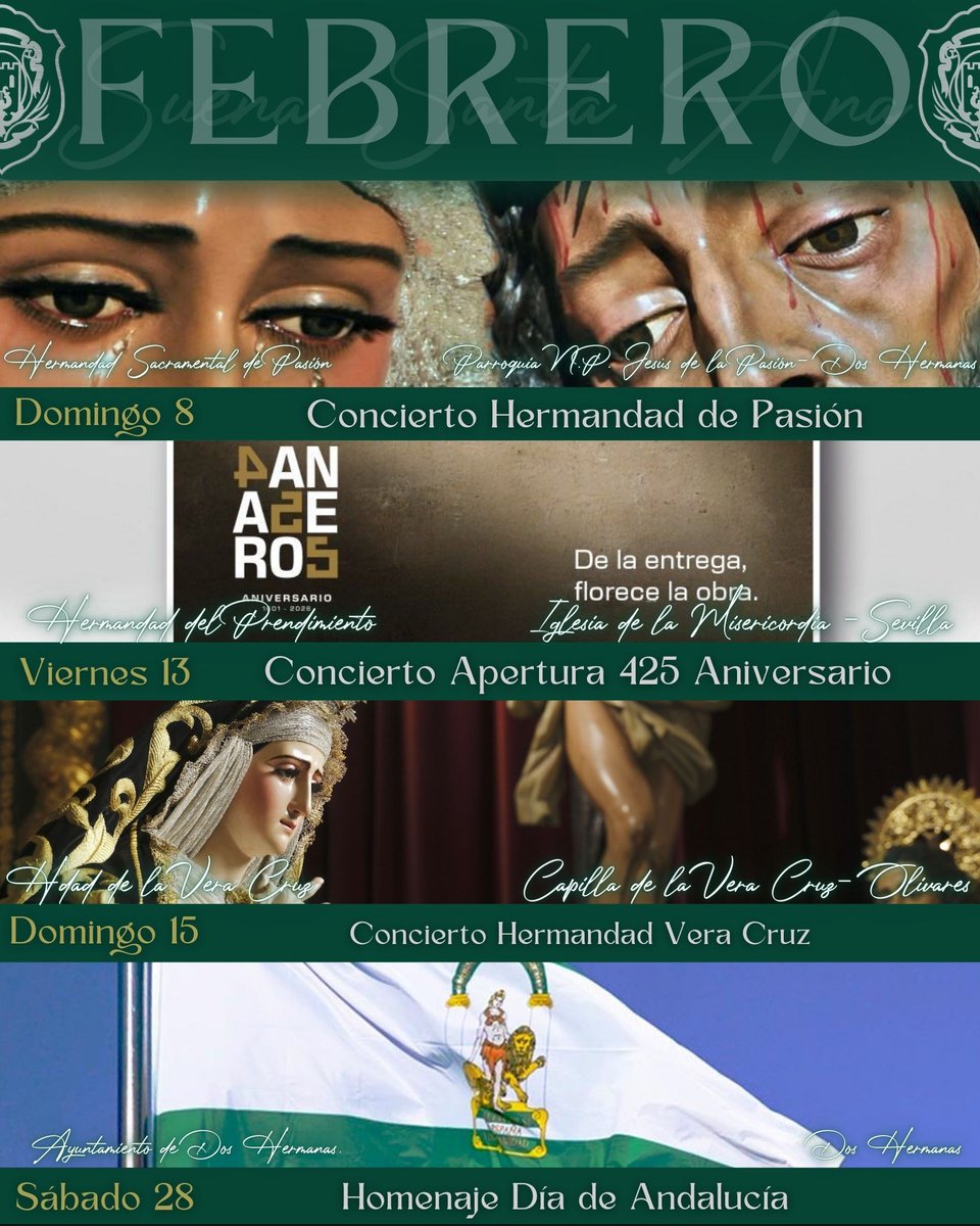 📅 𝗖𝗔𝗟𝗘𝗡𝗗𝗔𝗥𝗜𝗢 | Febrero

Febrero llega con los sones que ya anuncian la cercanía de una nueva Cuaresma 🎶

🔛 Comenzamos el domingo 8 en la Parroquia de Ntro. Padre Jesús de la Pasión (Dos Hermanas), con el Concierto para la <a href="/PasionDHoficial/">Hermandad Sacramental de Pasión</a>, una cita especial en