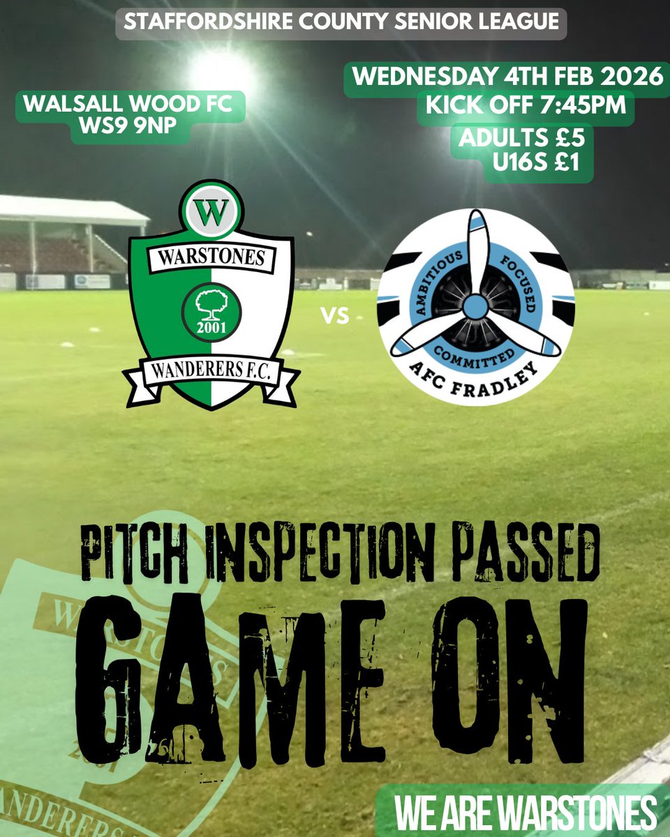 ‼️ INSPECTION PASSED ‼️
This evenings <a href="/staffscountysl/">Staffordshire County Senior League</a> division 2 league fixture against <a href="/AFCFradley/">AFCFradley</a> goes ahead following an 11:30am pitch inspection ⚽️💚