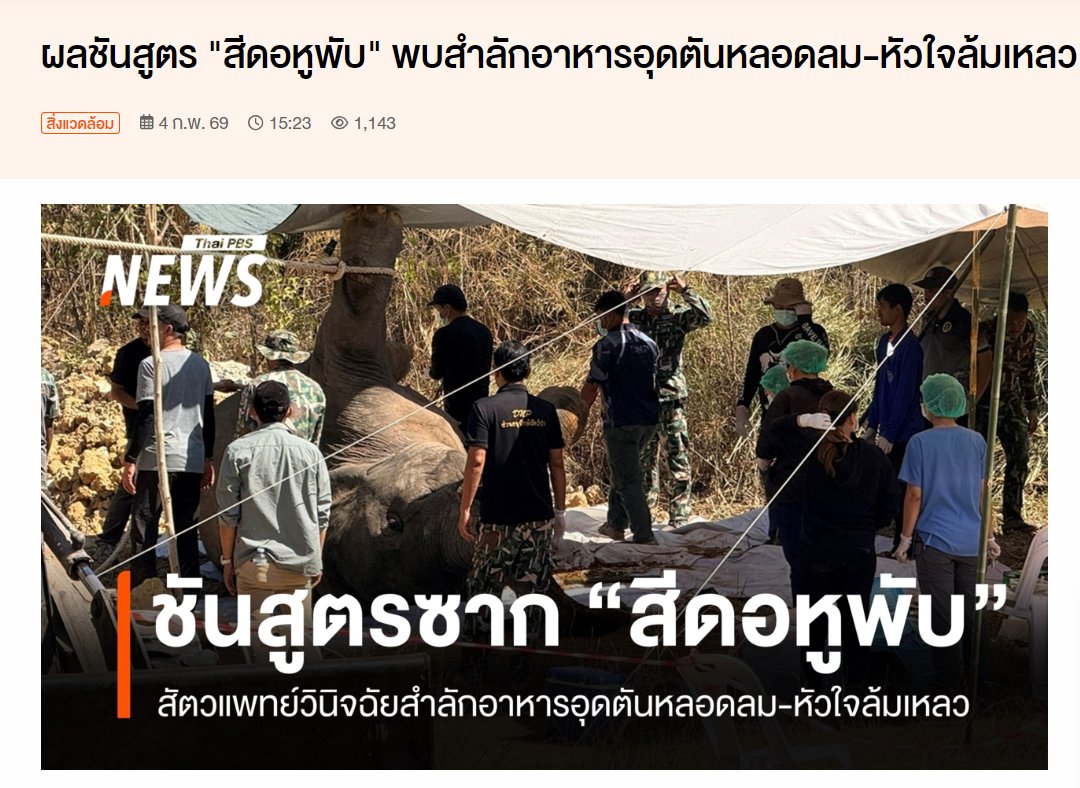 ผลชันสูตร #สีดอหูพับ ออกแล้ว 

- ทีมสัตวแพทย์จากสถานีเพาะเลี้ยงสัตว์ป่าเขาสอยดาว และส่วนอนุรักษ์สัตว์ป่า สำนักบริหารพื้นที่อนุรักษ์ที่ 8 (ขอนแก่น) ผ่าชันสูตรหาสาเหตุการตายของช้างป่าสีดอหูพับ
- พบเศษอาหารและเศษหญ้าในช่องปาก
- พบฟองอากาศสีขาว (Frosty foam) ในหลอดลม
-