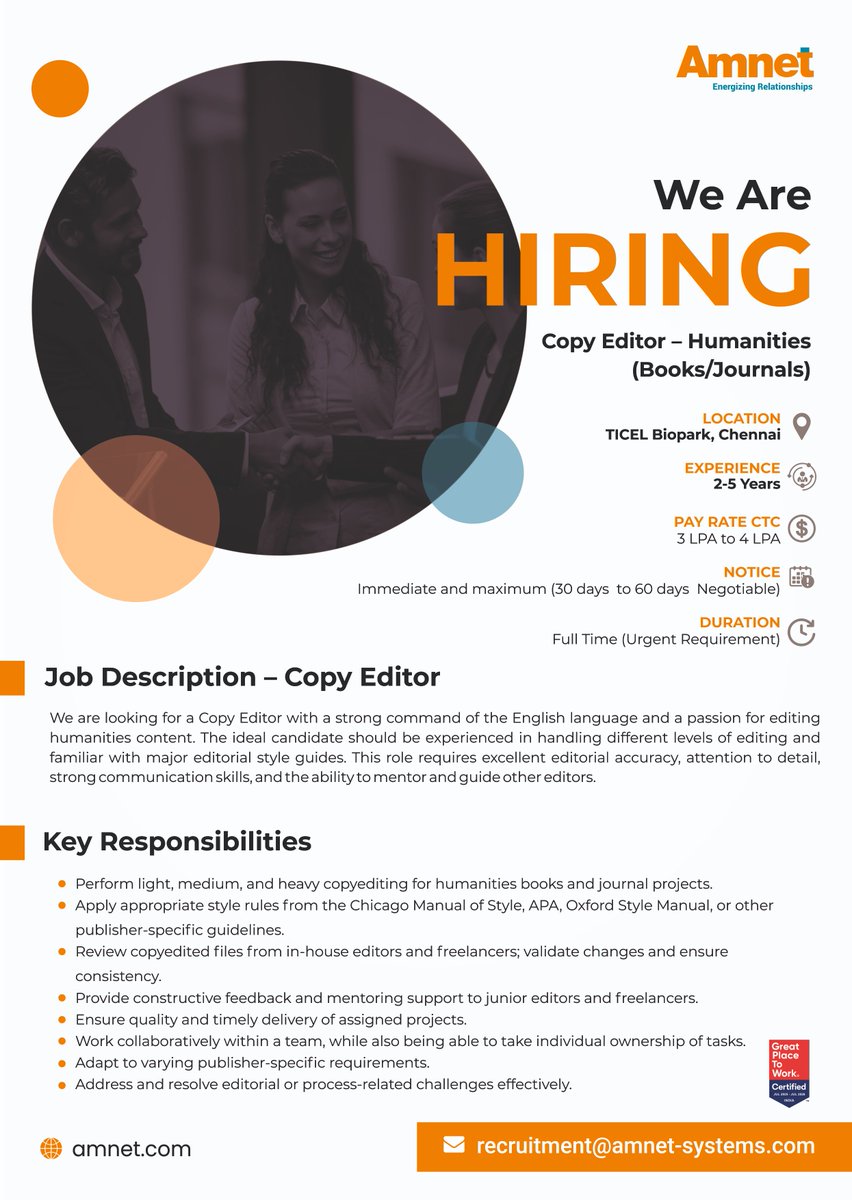 Join us! We're hiring for Copy Editor for Chennai location. Email your resume to recruitment@amnet-systems.com

#WeAreHiring #NowHiring #JobOpening #CareerOpportunity #FreshersHiring #CopyEditorJobs #ChennaiJobs #JobsInChennai #ChennaiCareers #CopyEditor #EditingJobs