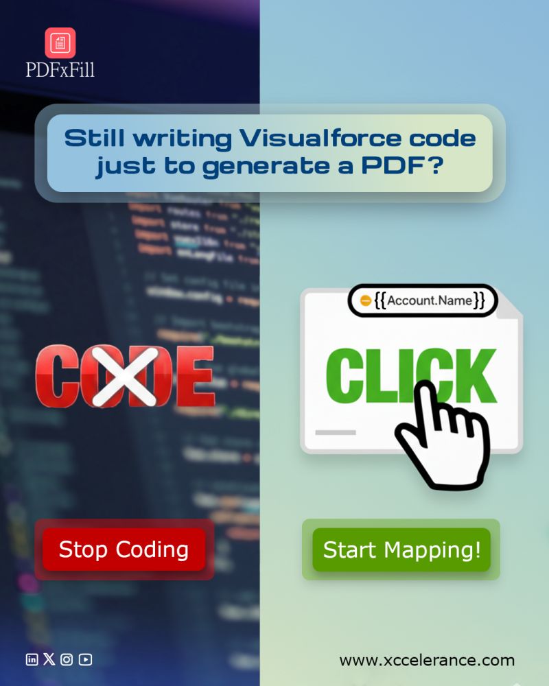 PDFxFill_'s tweet photo. Skip complex Visualforce coding and generate Salesforce PDFs the smarter way with #PDFxFill.
Map fields in clicks, automate documents effortlessly, and boost team productivity.
#SalesforceAutomation #PDFGeneration #NoCode #CRMTools #BusinessEfficiency #AI #Businessgrowth #B2B https://t.co/eHkT5hQeuT