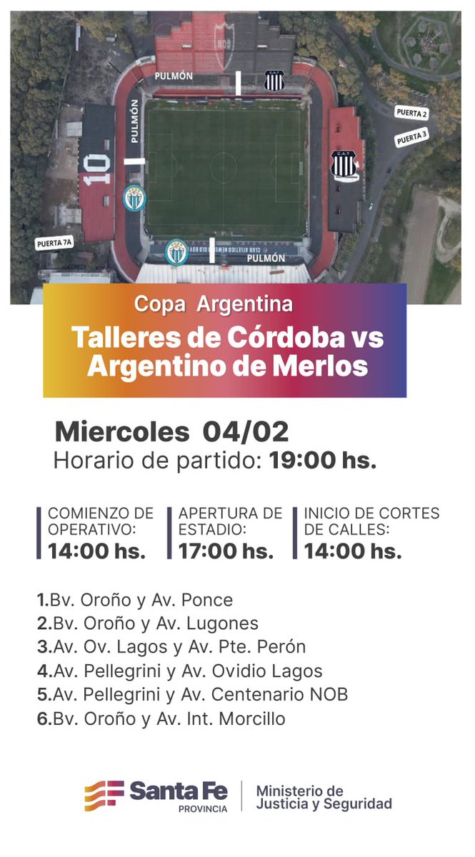 Los cortes 🚧 para este Miércoles 04/02 por el partido ⚽️ de Copa Argentina 🏆 entre <a href="/CATalleresdecba/">Club Atlético Talleres</a> y <a href="/Argmerlooficial/">Club Atlético Argentino de Merlo</a> a disputarse en cancha de <a href="/Newells/">Newell’s Old Boys</a>, ya se encuentran programados en <a href="/waze/">waze</a> <a href="/WazeArg/">Comunidad Waze Argentina</a>