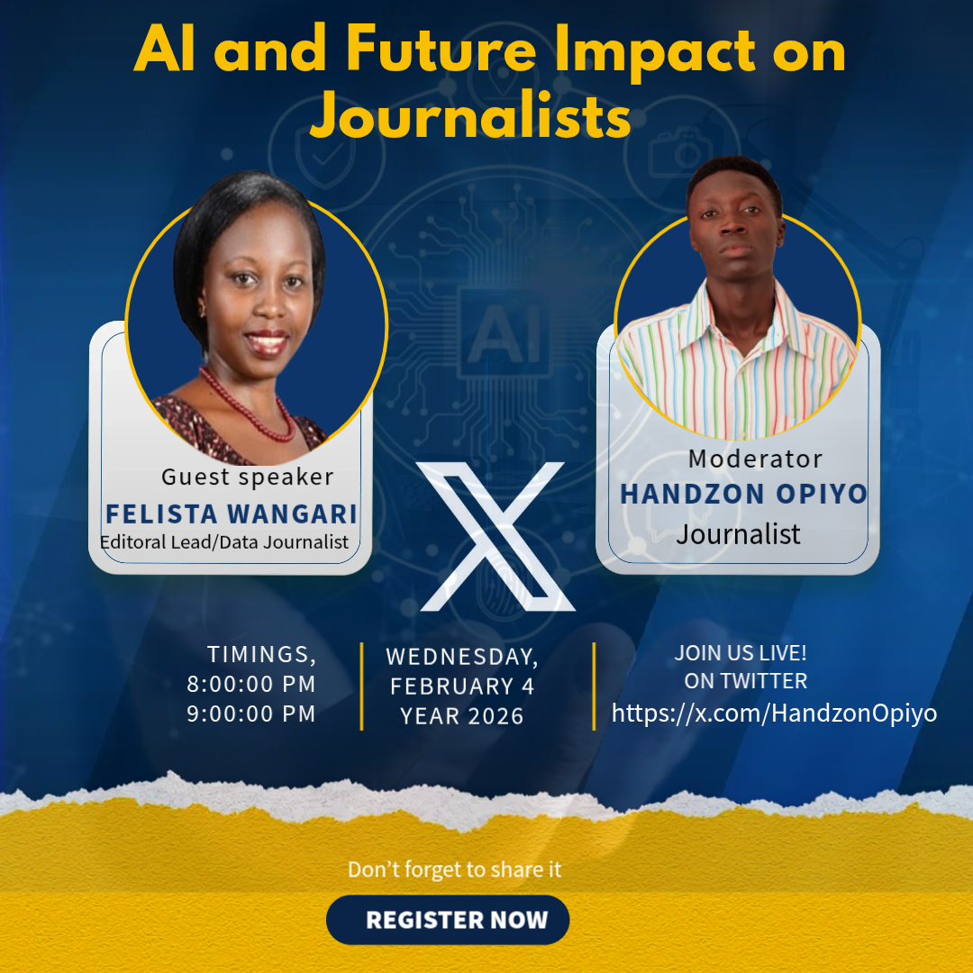 Join us on 4th February, 8:00–9:00 PM for an engaging discussion on AI and its future impact on upcoming journalists.

🎤 Speaker: Felista Wangari
🎙 Moderator: Handzon Opiyo