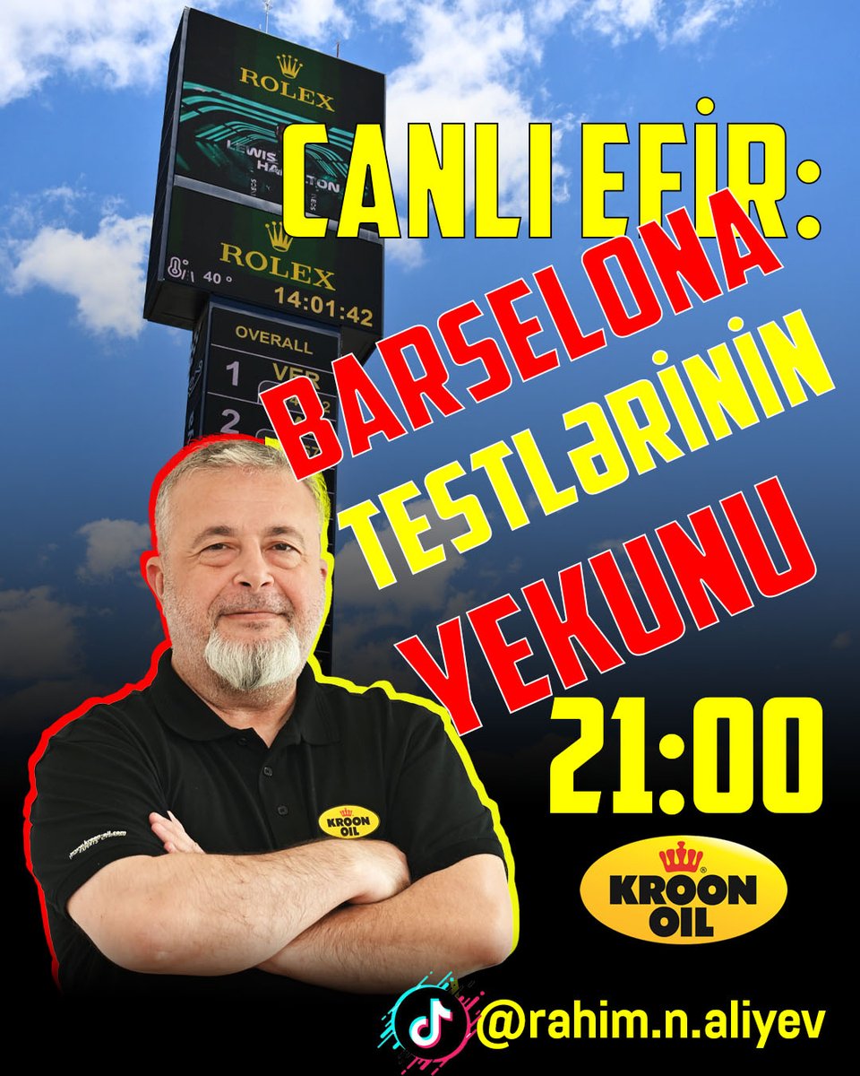 RahimNAliyev's tweet photo. Barselona testlərinə yekun vurduq və bu barədə axşam saat 21:00-da TikTok kanalında CANLI yayımda danışacağam.

Canlı efirdən sonra sizin sualları cavablandıracağam, inşəAllah...
 
 #f1 #formula1 #formulaone #f1az #f1aze #Motorsport #Racing https://t.co/LrQbGbeCgQ