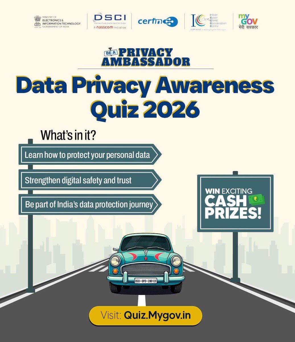 transformIndia's tweet photo. Step up as a Privacy Champion!

Take the Be a Privacy Ambassador - Data Privacy Awareness Quiz 2026 and learn simple, practical ways to protect personal data while promoting a strong privacy-first culture at work and beyond.

🔗 https://t.co/AK3nDuV2s0

#NewIndia
#DataAwareness https://t.co/VsFpryjCEK