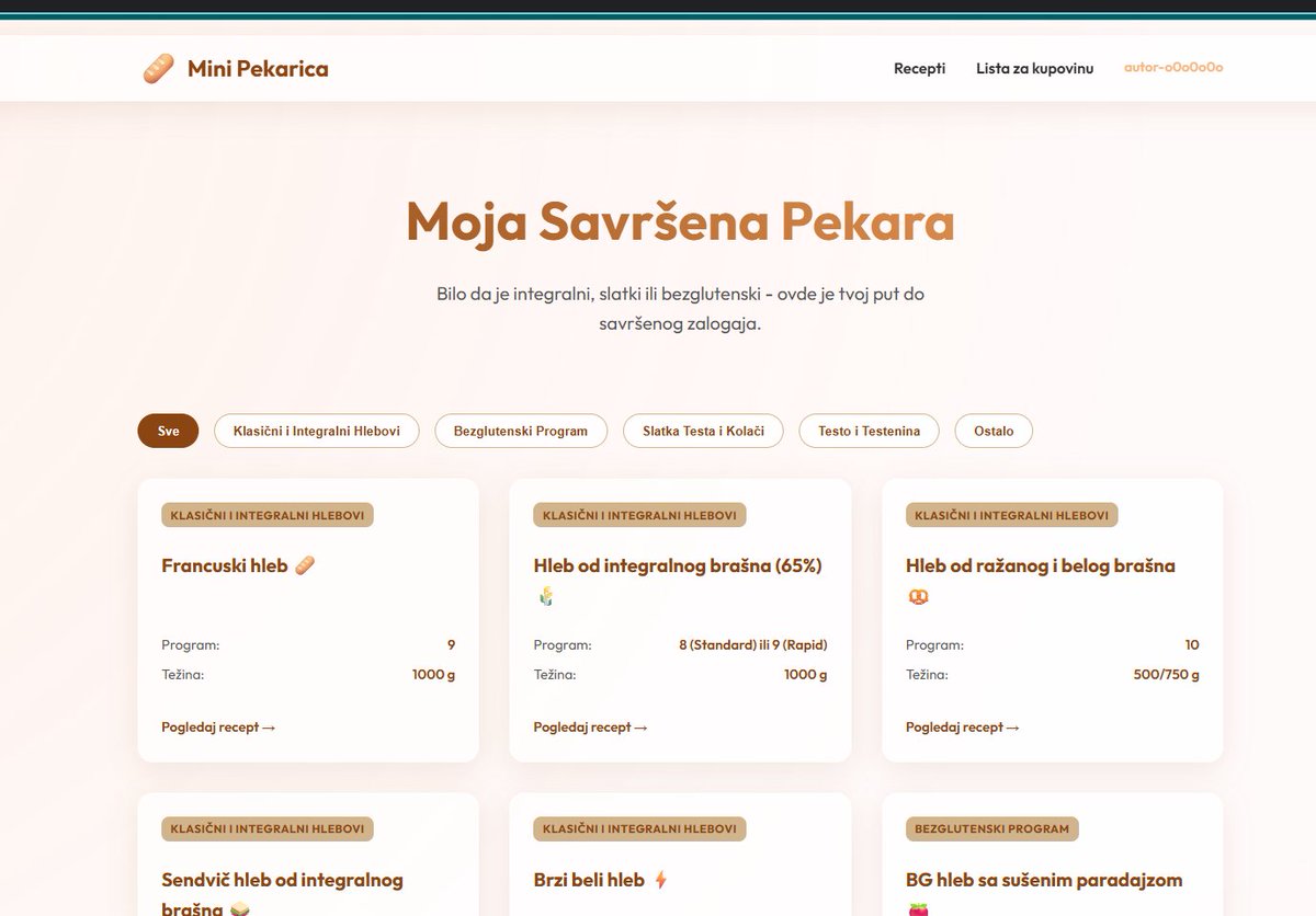 -Napravio sam aplikaciju sa receptima za mini pekaru! 
-Link- minipekarica.vercel.app
-🥖 Ima sve: od hleba do džema + lista za kupovinu.

-Ako imate još neki dobar recept, pošaljite slobodno da ga dodam u kolekciju! 🥐✨