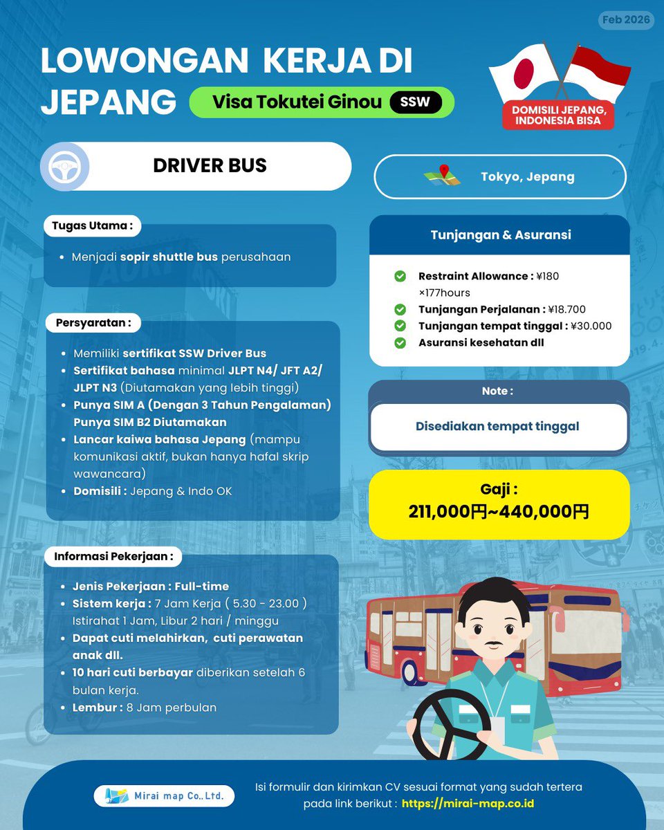 INFORMASI LOWONGAN KERJA DI JEPANG🇯🇵

✅DRIVER BUS, VISA TOKUTEI GINOU

KLIK LINK DI STORY UNTUK PENDAFTARAN YA!

#lokerjpn #kerjadijepang #kerjadijepang🇯🇵🇮🇩 #kerjakejepang #lowongankerja