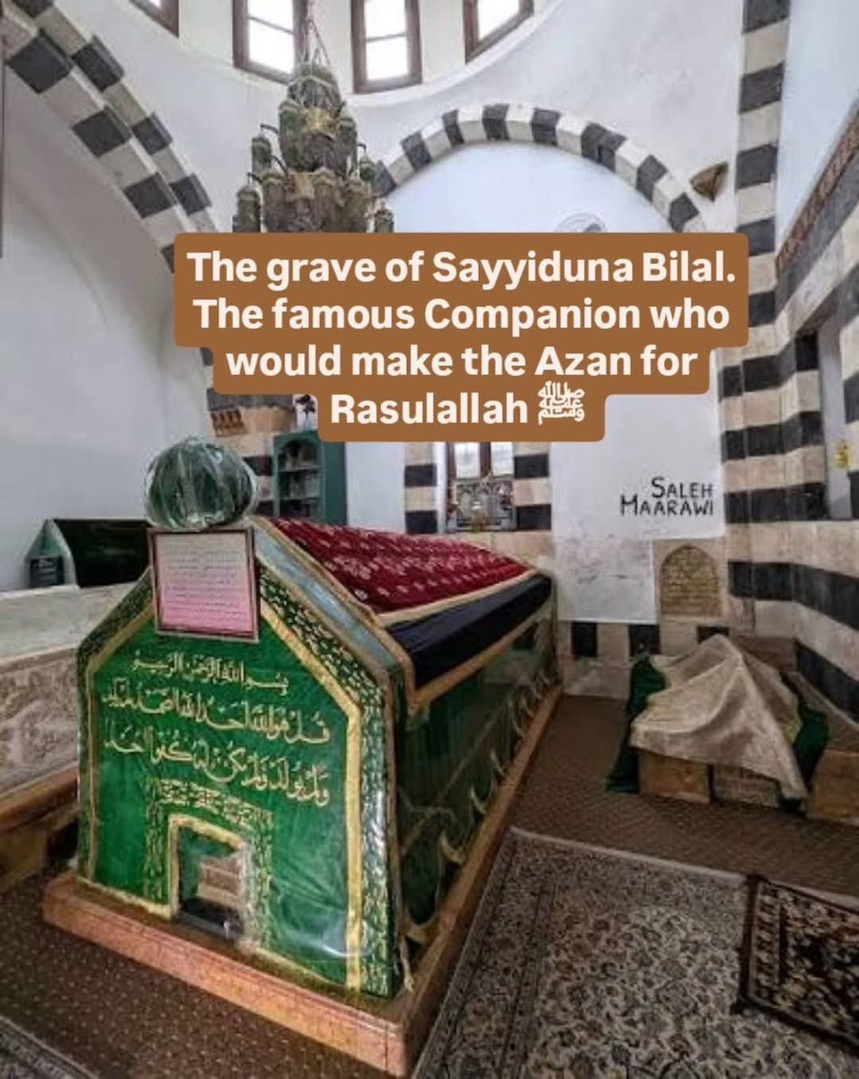 bapphah's tweet photo. The maqam of Sayyiduna Bilal رضي الله عنه in Damascus stands as a silent witness to a love beyond words.

What is love?

Love is Bilal distributing the Prophet’s ﷺ wudu water so the companions could wipe their faces with its barakah.

Love is Bilal refusing to give the Adhan after Rasulullah ﷺ passed , he couldn’t say “Ash-hadu anna Muhammadan Rasulullah” without seeing his face.

Love is Bilal leaving Madinah forever because every street reminded him of his absent beloved ﷺ.

Love is Bilal calling the Adhan in conquered Jerusalem, breaking into tears at “Ash-hadu anna Muhammadan Rasulullah” the Sahaba wept with him, hearts torn between victory and longing.

Love is Bilal on his deathbed, smiling through pain: “Tomorrow I meet Muhammad ﷺ and his companions!”

This is love for the Prophet ﷺ. 🤍
May Allah grant us even a drop of it.