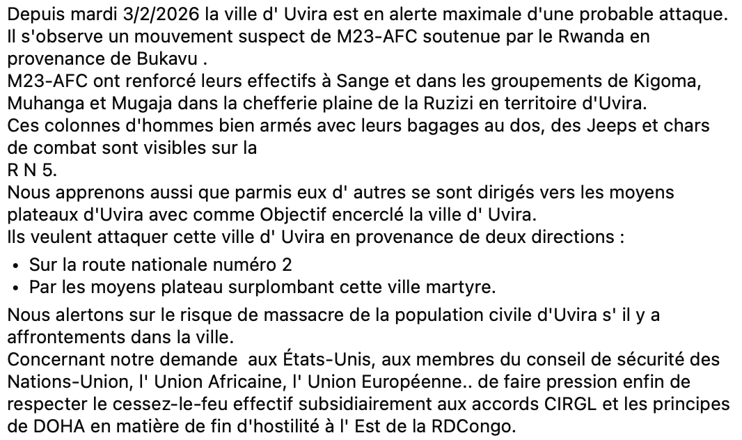 Dernières nouvelles d'Uvira, en #RDC: une défenseuse des droits humains fait état de craintes d'une attaque imminente sur la ville par la coalition M23/AFC. La population civile est toujours gravement menacée, et les défenseurs des droits humains sont particulièrement exposés. Le