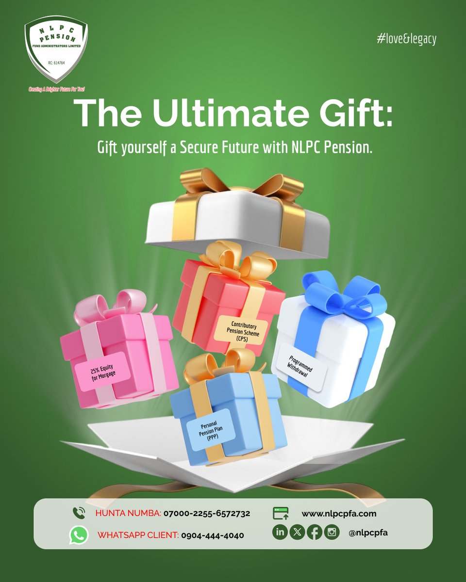 nlpcpfa's tweet photo. PENSION AS A GIFT!
What's the most thoughtful gift you can give to yourself? The gift of security and peace of mind for your future.
Send a DM or call 07000-2255-6572732, to explore all our pension plans.
#NLPCpfa #SecureYourFuture #Pension #RetirementPlanning #FutureReady https://t.co/N5HbcY1XGl