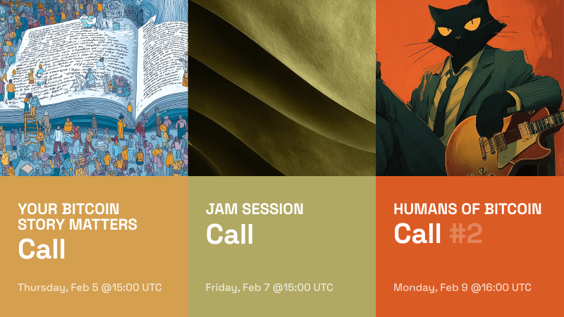 bitcoin_design's tweet photo. 3 calls this week at Bitcoin Design Community 🧡
- Feb 5: Your Bitcoin Story Matters workshop with @micro_cosma  - turn your bitcoin experiences into compelling stories
- Feb 6: Friday jam session - bring questions, collab, or just explore
- Feb 9: Humans of Bitcoin build session https://t.co/LeEbtwf5CW