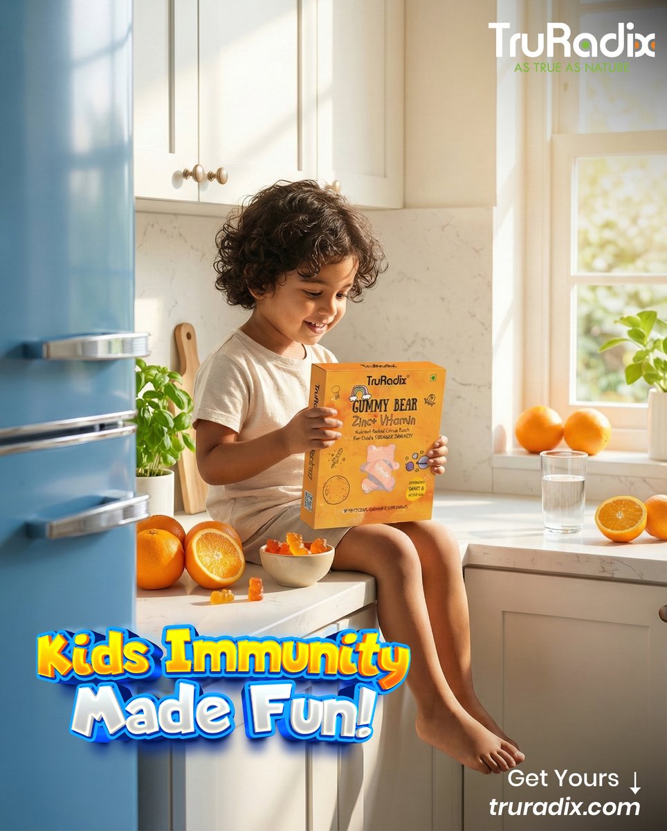 Make immunity fun! 🍊 TruRadix Zinc + Vitamin Gummies boost growth &amp; immunity with every fruity bite. 100% veg, kid-approved, and worry-free. One daily treat = healthy habits made easy! #TruRadix #KidsImmunity #GummyBoost