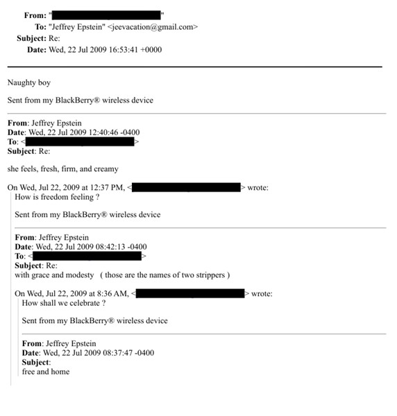 When Jeffrey Epstein was released from prison, Peter Mandelson called it "liberation day" and asked him how they "should celebrate"?

He replied with Grace and modesty (strippers).

Peter: "How is freedom feeling?"

Epstein: "She feels fresh, firm, and creamy"
