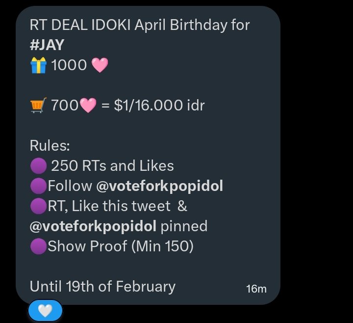 RT DEAL IDOKI April Birthday for #JAY
🎁 1000 🩷 

🛒 700🩷 = $1/16.000 idr 

Rules: 
🟣 250 RTs and Likes
🟣Follow <a href="/voteforkpopidol/">wts votes!</a> 
🟣RT, Like this tweet  &amp; <a href="/voteforkpopidol/">wts votes!</a> pinned 
🟣Show Proof (Min 150)

Until 19th of February