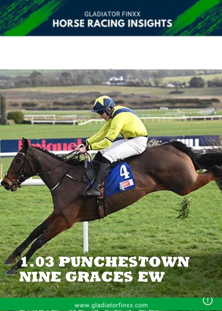 GladiatorFinxx's tweet photo. Nine Graces | 1:03 Punchestown 🐎
✅ Course &amp; Distance winner
✅ Dropped 1lb in the weights
✅ Finian Maguire booked
✅ Barry Connell stable in good form
Strong claims today in the Mares Handicap Chase. Let’s go! 💰
#RacingTips #Punchestown #NineGraces https://t.co/y28kPizBZa