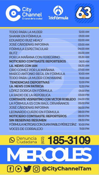Citychannel_'s tweet image. 🔵Te compartimos nuestra programación para este Miércoles 4 Febrero

✅ 📡 Sintoniza nuestra señal a través de:
Facebook Live📱
Youtube

📺6.3 TV abierta
📺Súper Cable canal 9
📺Cable Sur canal 28.5
📺Cable Pánuco canal 96
📺Canal 14 INBTEL

#CityChannel el canal de la ciudad.🟡
