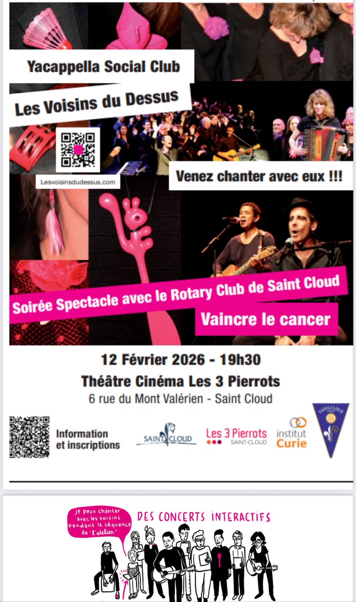 Rotarystcloud16's tweet image. @Rotarystcloud16 organise le 12 février à @VilleSaintCloud “un concert contre le cancer”, au bénéfice de @institut_curie.
avec la troupe les VoisinsDuDessus.com.
Ambiance festive assurée pour une action indispensable.
Placés en vente sur place et ici 
helloasso.com/associations/r…
