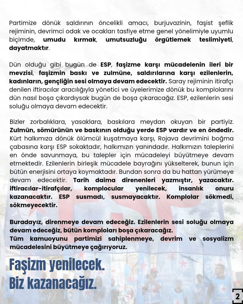 Tarih daima direnenleri yazmıştır, yazacaktır. iftiracılar-itirafçılar, komplocular yenilecek, insanlık onuru kazanacaktır. ESP susmadı, susmayacaktır. Komplolar sökmedi, sökmeyecektir. 
#UmutDimdikAyakta